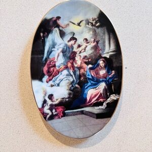 Religious Oval Wall Art with Blue and Red Accents
